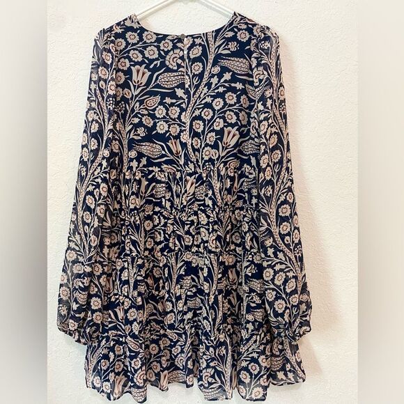 Ted Baker Tarrissa Tiered Swing Mini Blue and Tan Long Sleeves Dress Size 2 - Picture 4 of 6